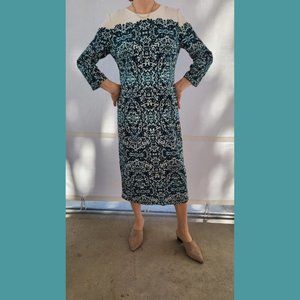 Maggie London size 12 modest elegant dress, teal and creme dress